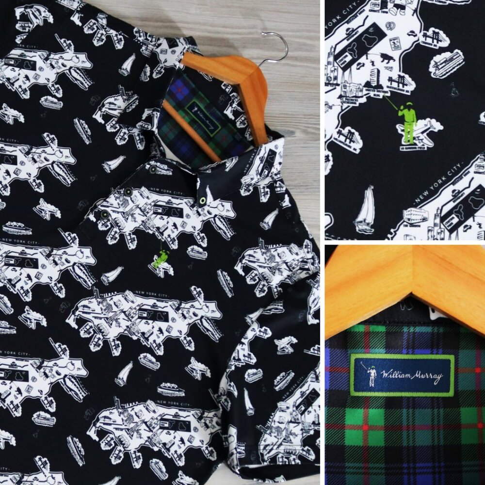 William Murray NYC Icons All Over Print Men's Performance Golf Polo Shirt Sz 2XL